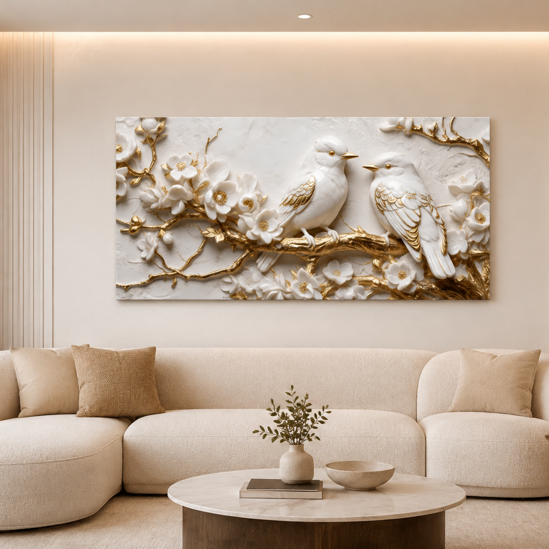 Premium Framed 3D Wall Art White Marble Texture Golden Accent Birds Artwork