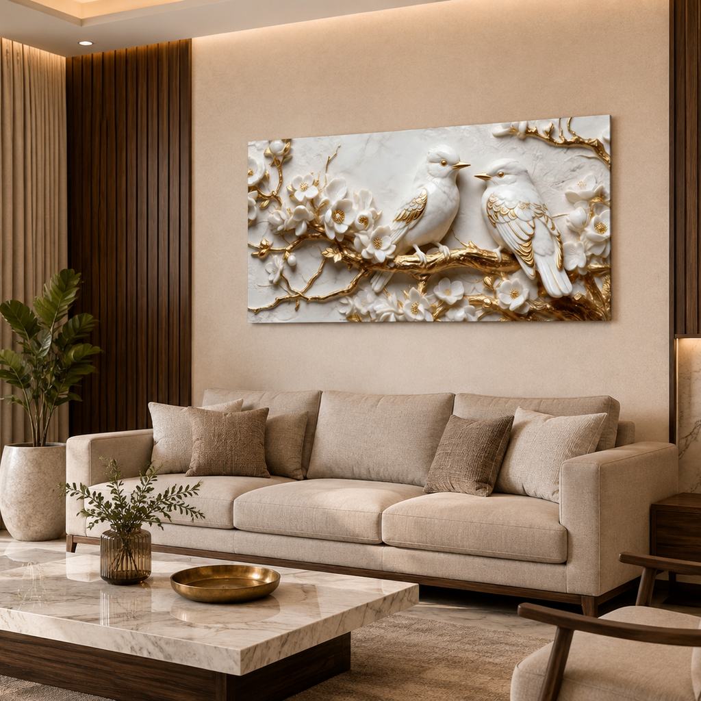 Premium Framed 3D Wall Art White Marble Texture Golden Accent Birds Artwork