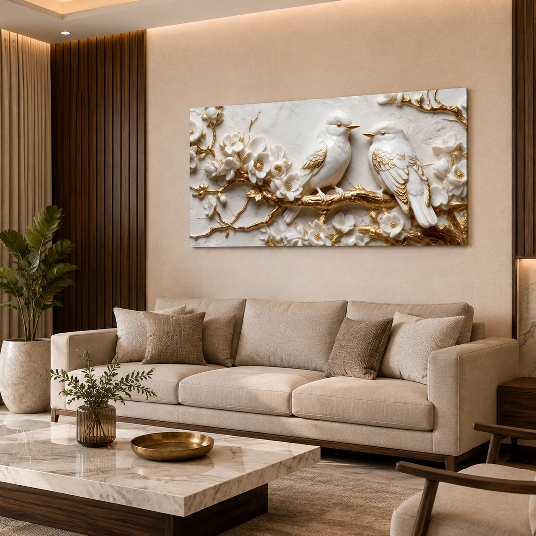 Premium Framed 3D Wall Art White Marble Texture Golden Accent Birds Artwork