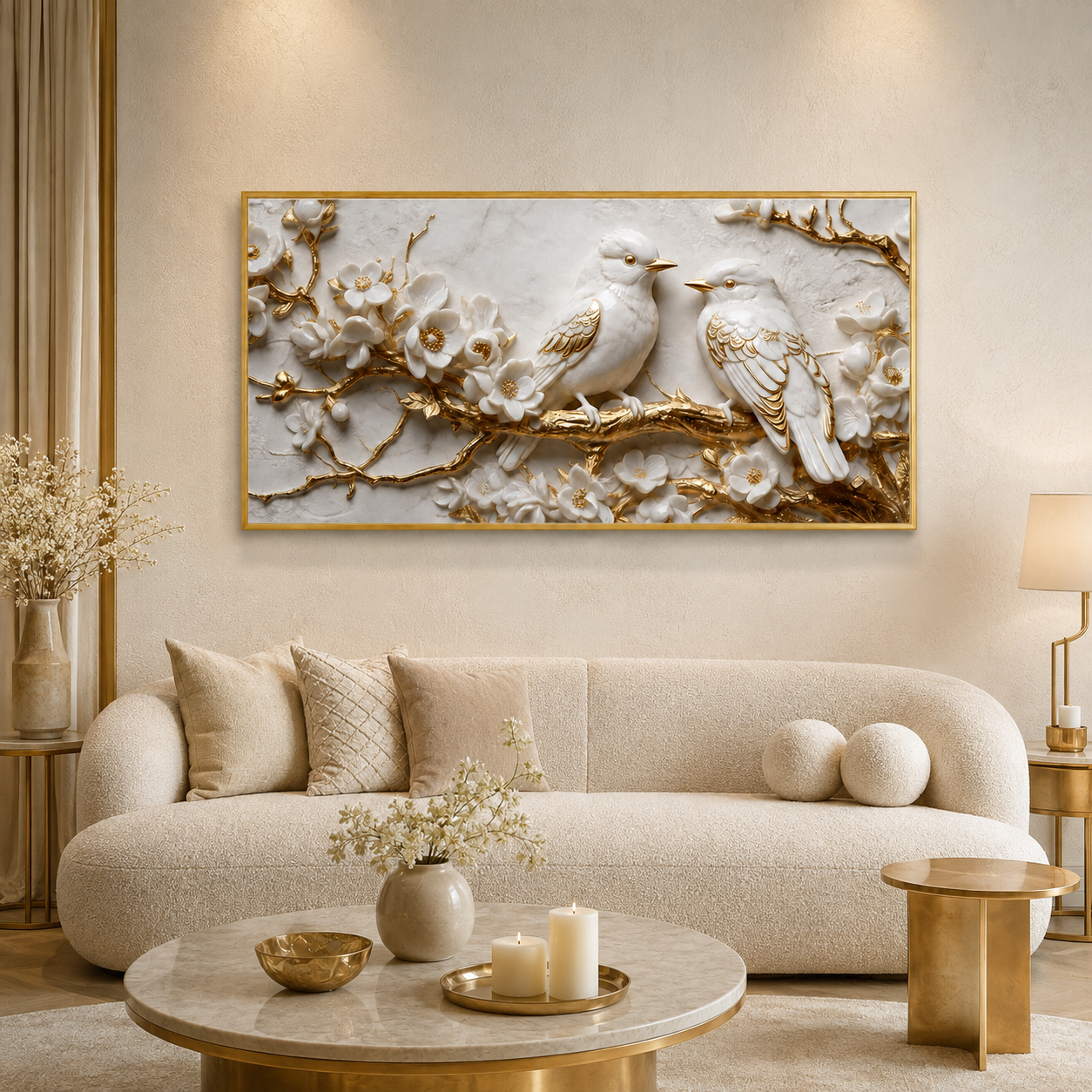 Premium Framed 3D Wall Art White Marble Texture Golden Accent Birds Artwork