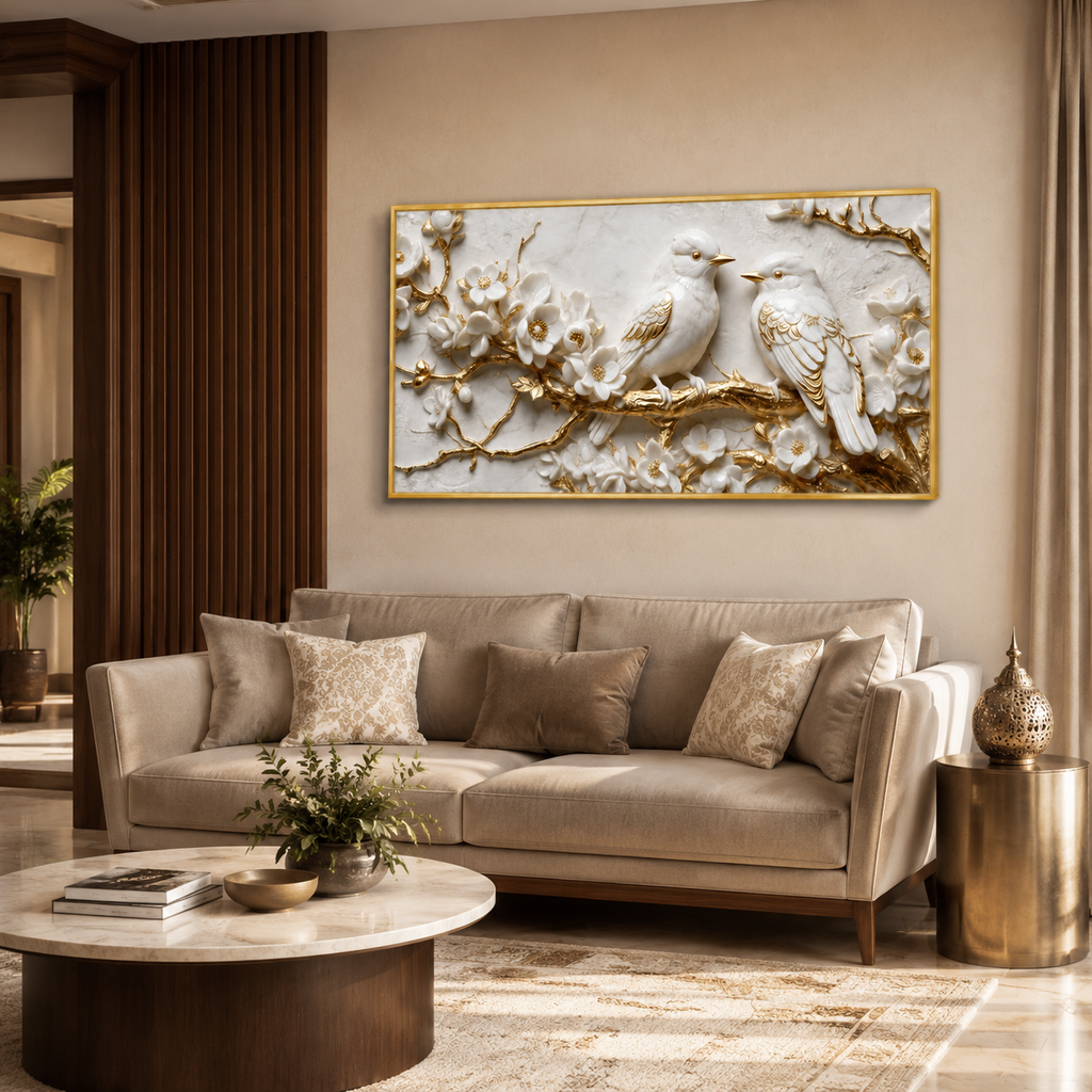 Premium Framed 3D Wall Art White Marble Texture Golden Accent Birds Artwork