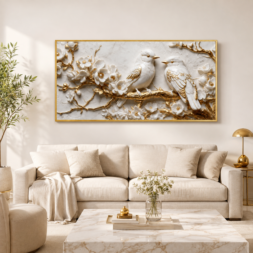 Premium Framed 3D Wall Art White Marble Texture Golden Accent Birds Artwork