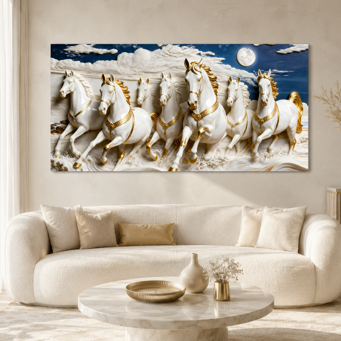 Seven White Horses 3D Wall Painting with Elegant Golden Details for Living Room