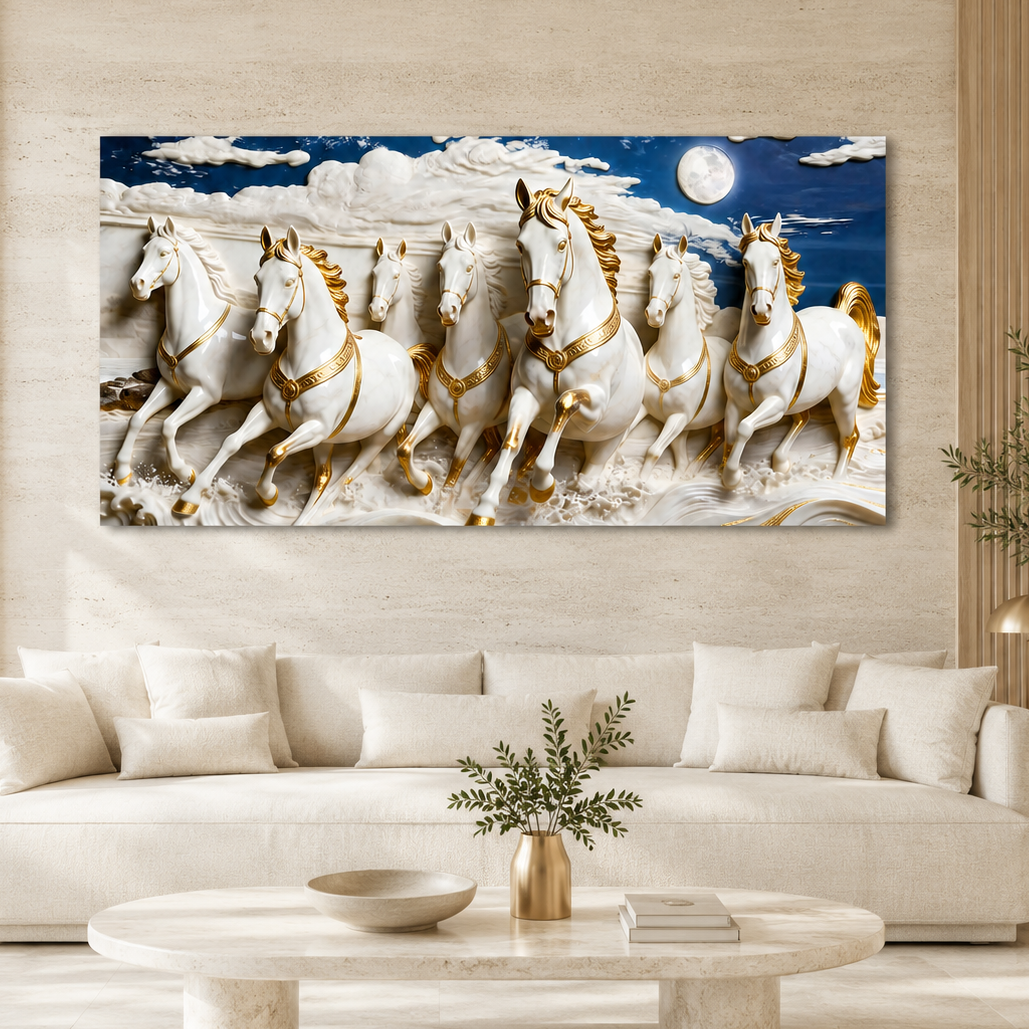 Seven White Horses 3D Wall Painting with Elegant Golden Details for Living Room