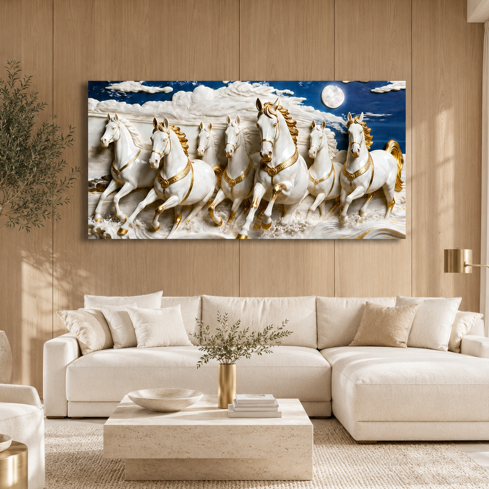 Seven White Horses 3D Wall Painting with Elegant Golden Details for Living Room