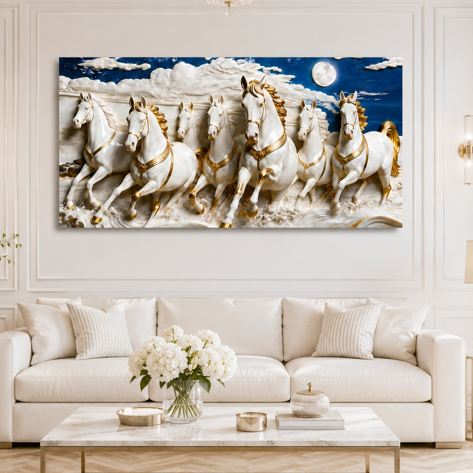 Seven White Horses 3D Wall Painting with Elegant Golden Details for Living Room