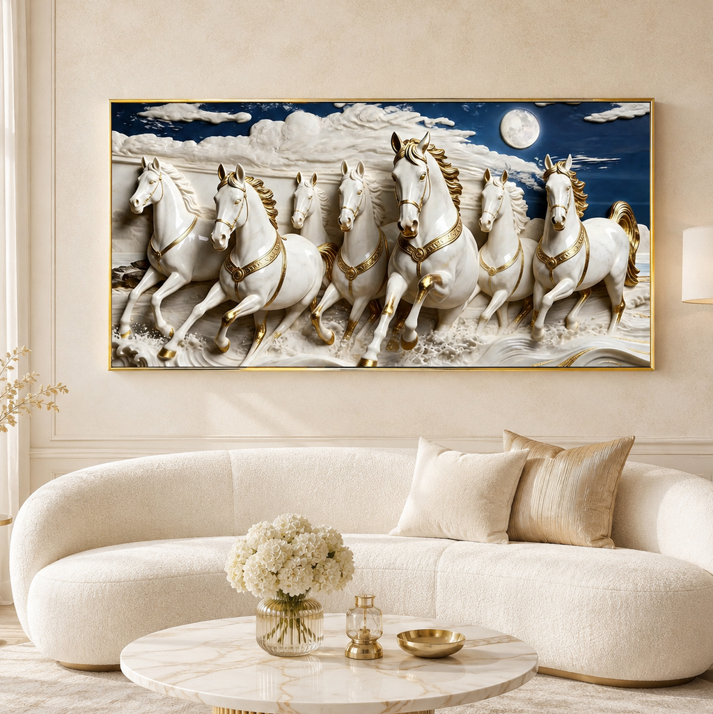 Seven White Horses 3D Wall Painting with Elegant Golden Details for Living Room