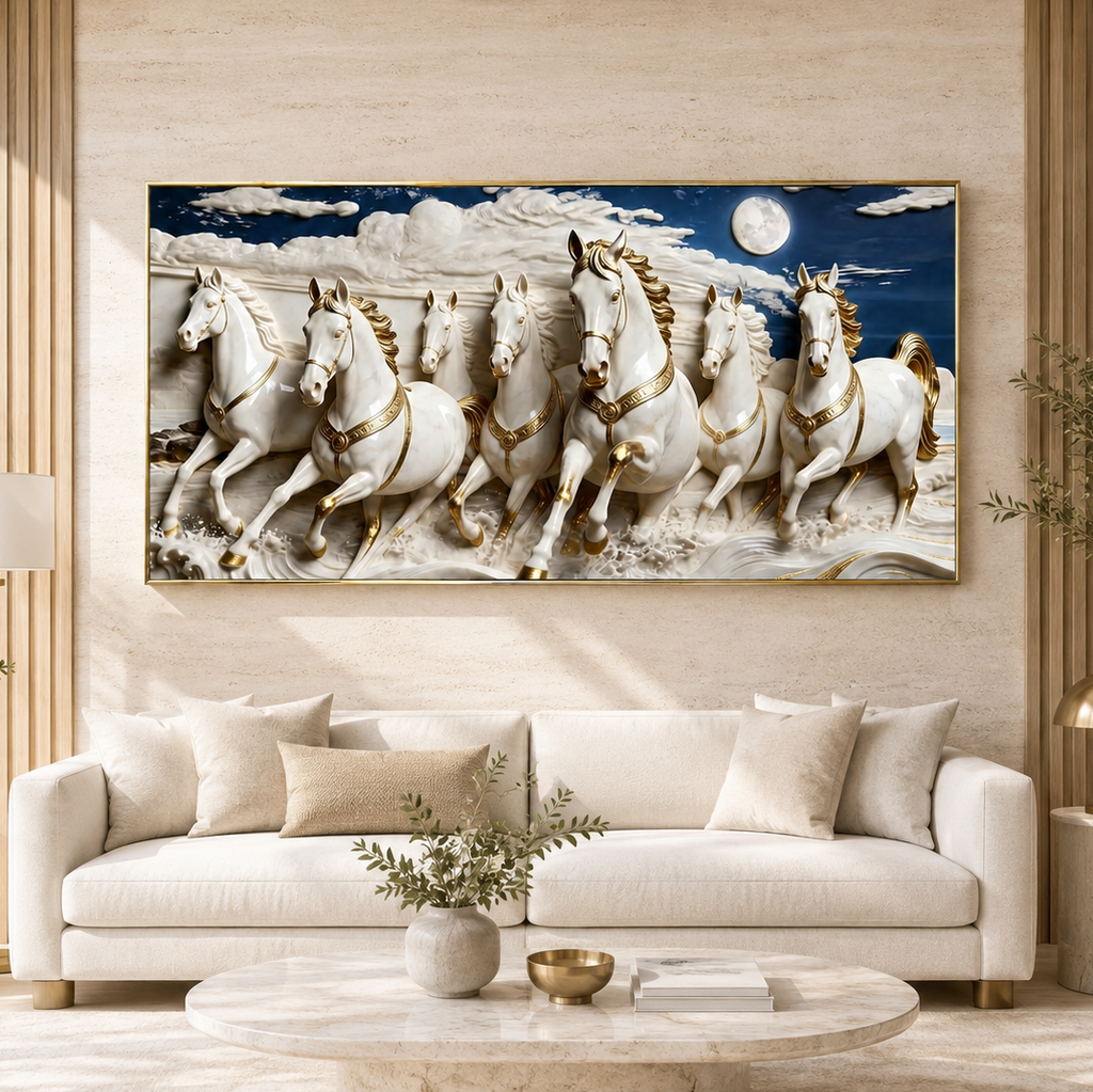 Seven White Horses 3D Wall Painting with Elegant Golden Details for Living Room