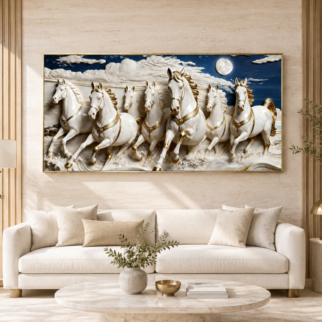 Seven White Horses 3D Wall Painting with Elegant Golden Details for Living Room