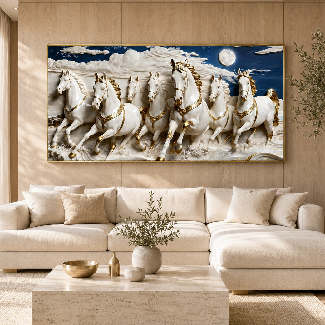 Seven White Horses 3D Wall Painting with Elegant Golden Details for Living Room
