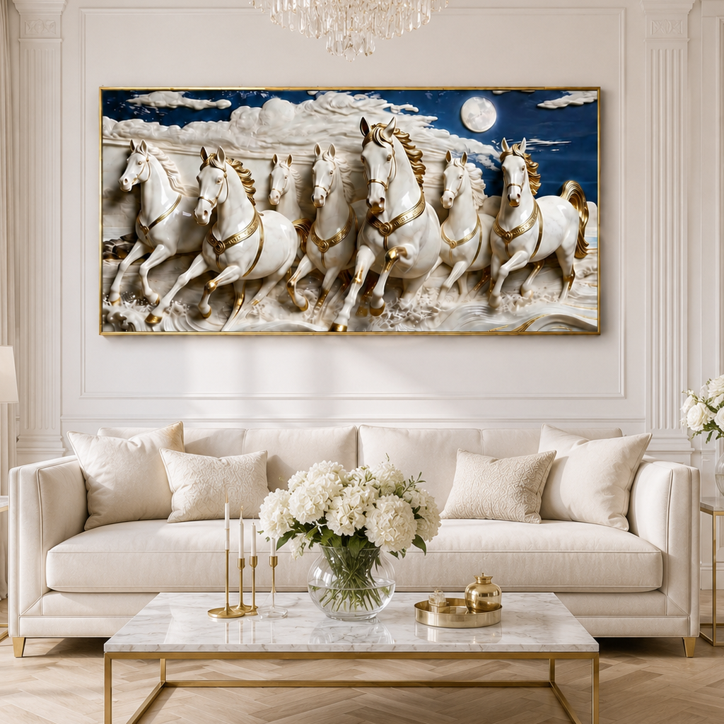 Seven White Horses 3D Wall Painting with Elegant Golden Details for Living Room