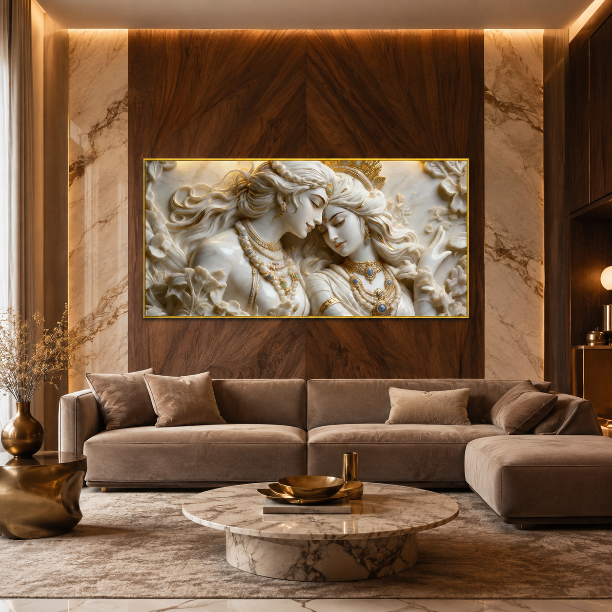 Elegant Modern 3D Wall Art Sculpted Marble Radha Krishna Canvas Painting