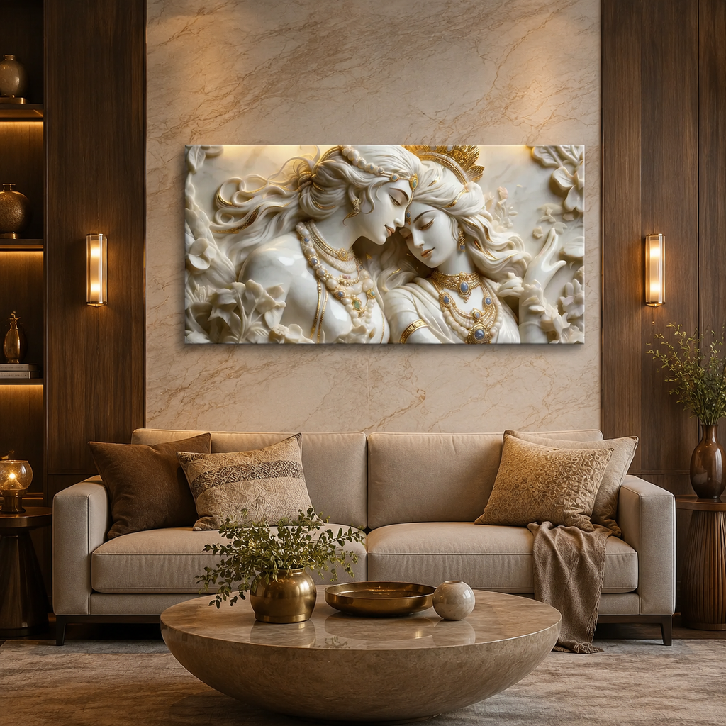 Elegant Modern 3D Wall Art Sculpted Marble Radha Krishna Canvas Painting