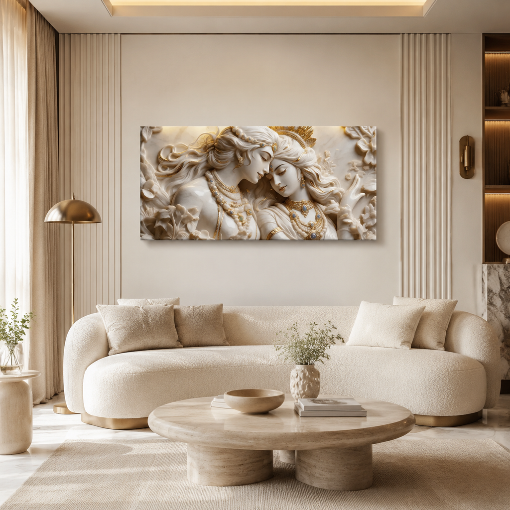 Elegant Modern 3D Wall Art Sculpted Marble Radha Krishna Canvas Painting