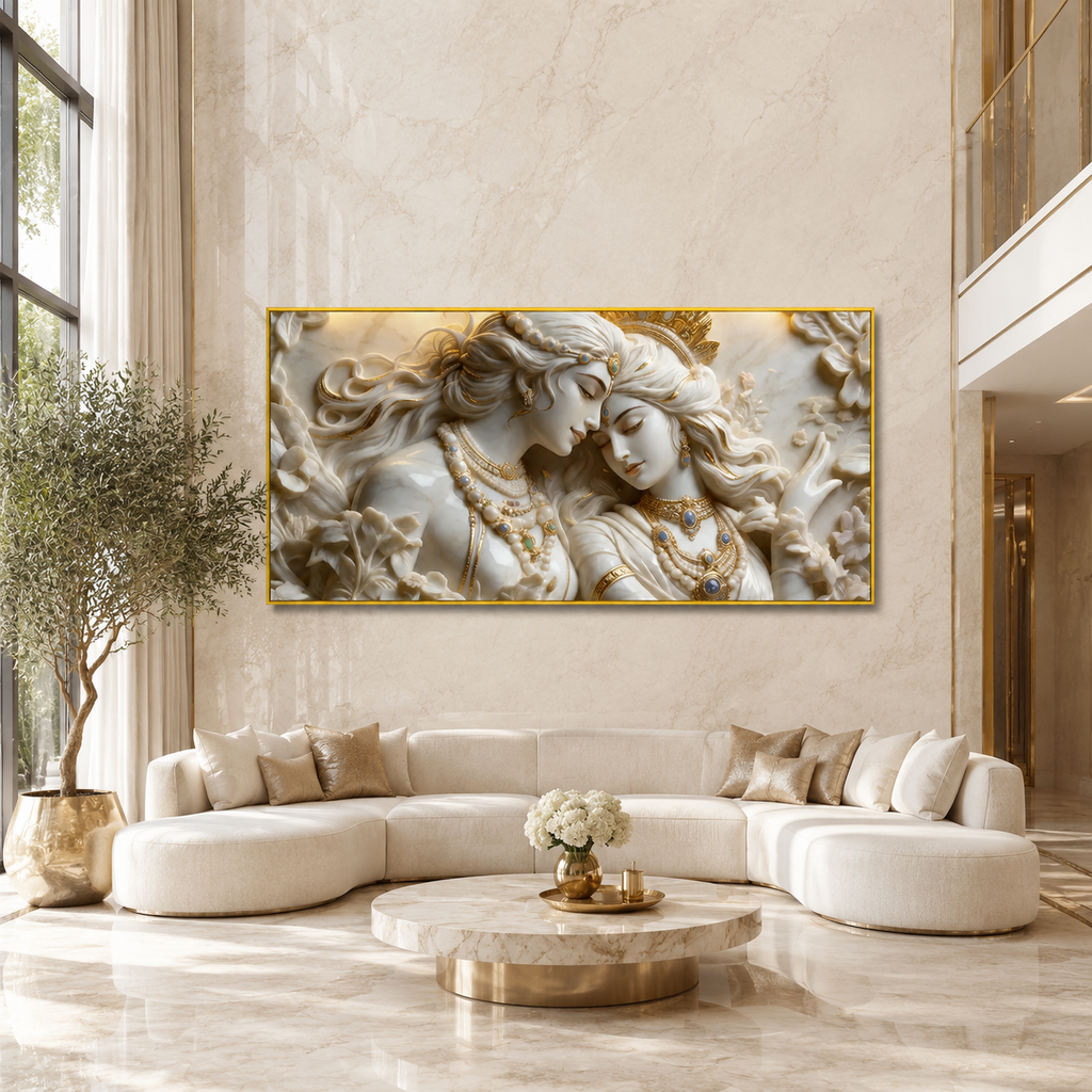 Elegant Modern 3D Wall Art Sculpted Marble Radha Krishna Canvas Painting