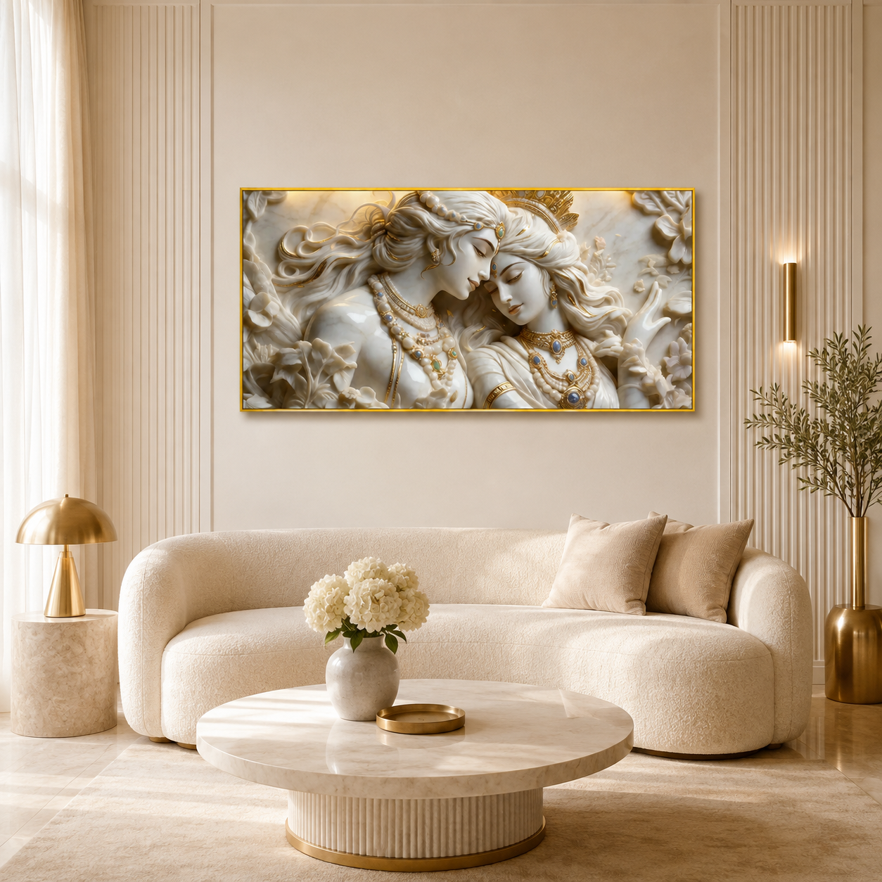Elegant Modern 3D Wall Art Sculpted Marble Radha Krishna Canvas Painting