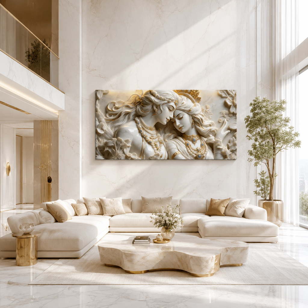 Elegant Modern 3D Wall Art Sculpted Marble Radha Krishna Canvas Painting