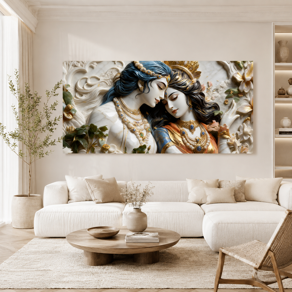 Textured 3D Divine Radha Krishna Artwork - Elegant Cultural Relief Canvas for Living Room