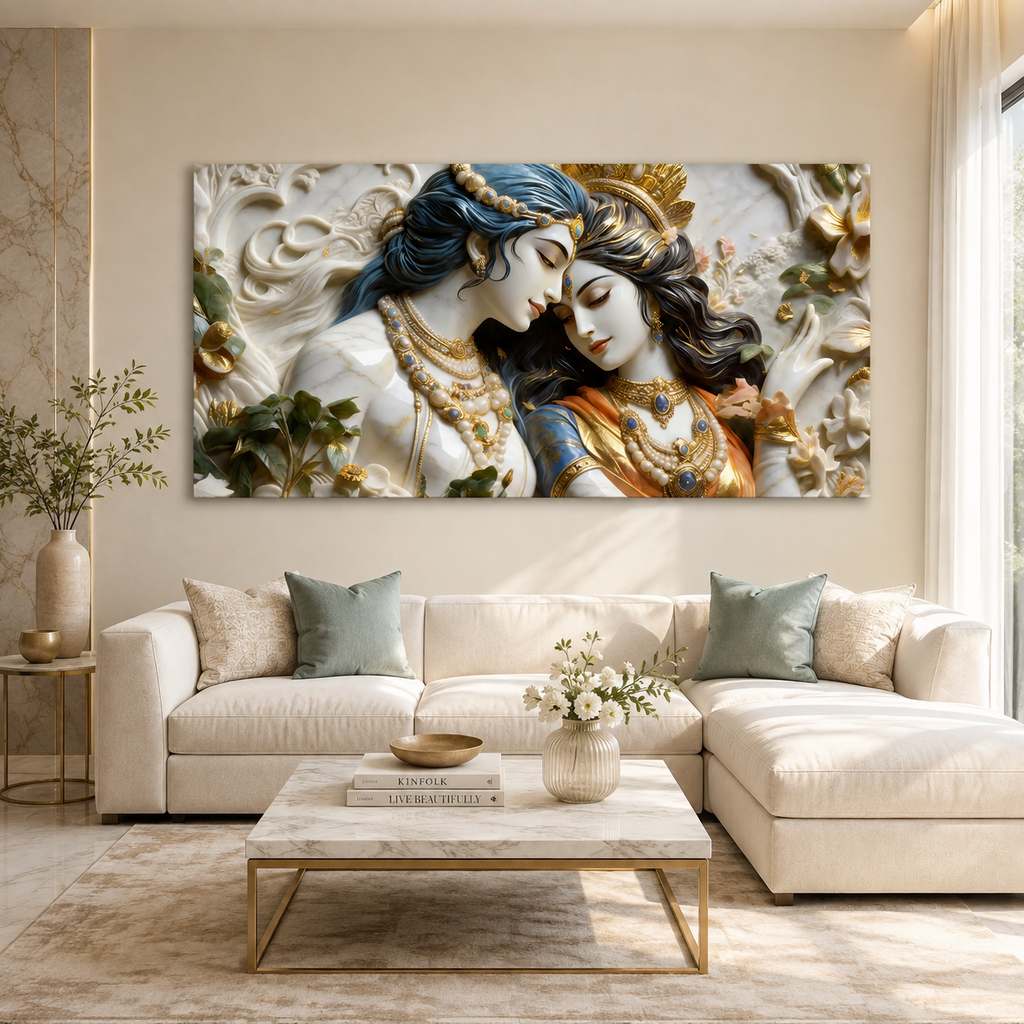 Textured 3D Divine Radha Krishna Artwork - Elegant Cultural Relief Canvas for Living Room