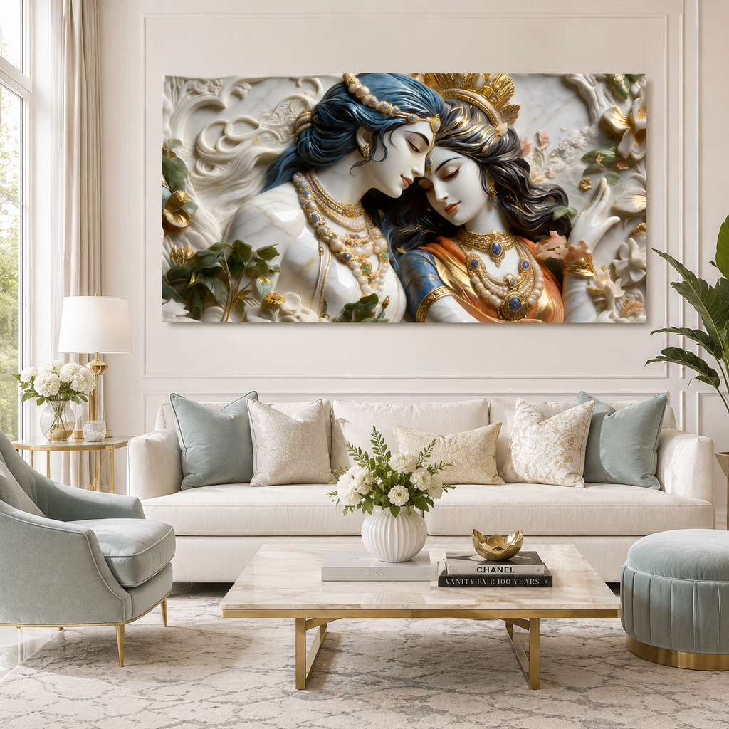 Textured 3D Divine Radha Krishna Artwork - Elegant Cultural Relief Canvas for Living Room