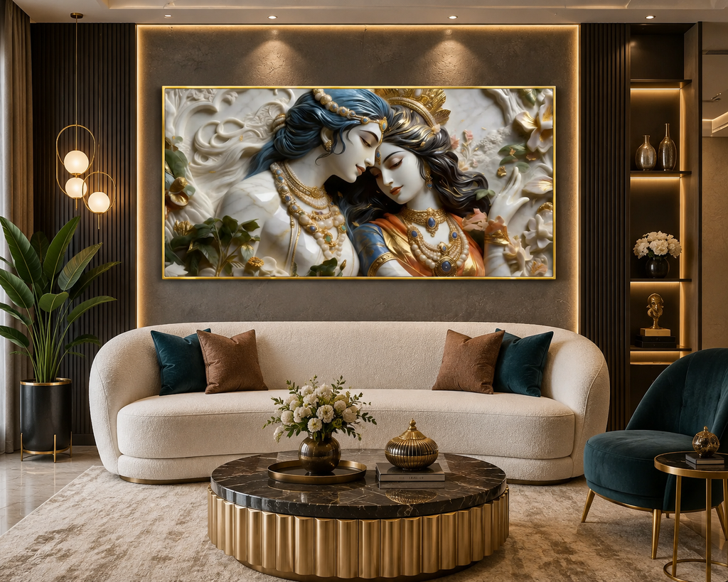 Textured 3D Divine Radha Krishna Artwork - Elegant Cultural Relief Canvas for Living Room