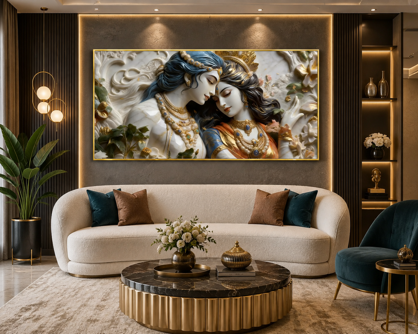 Textured 3D Divine Radha Krishna Artwork - Elegant Cultural Relief Canvas for Living Room