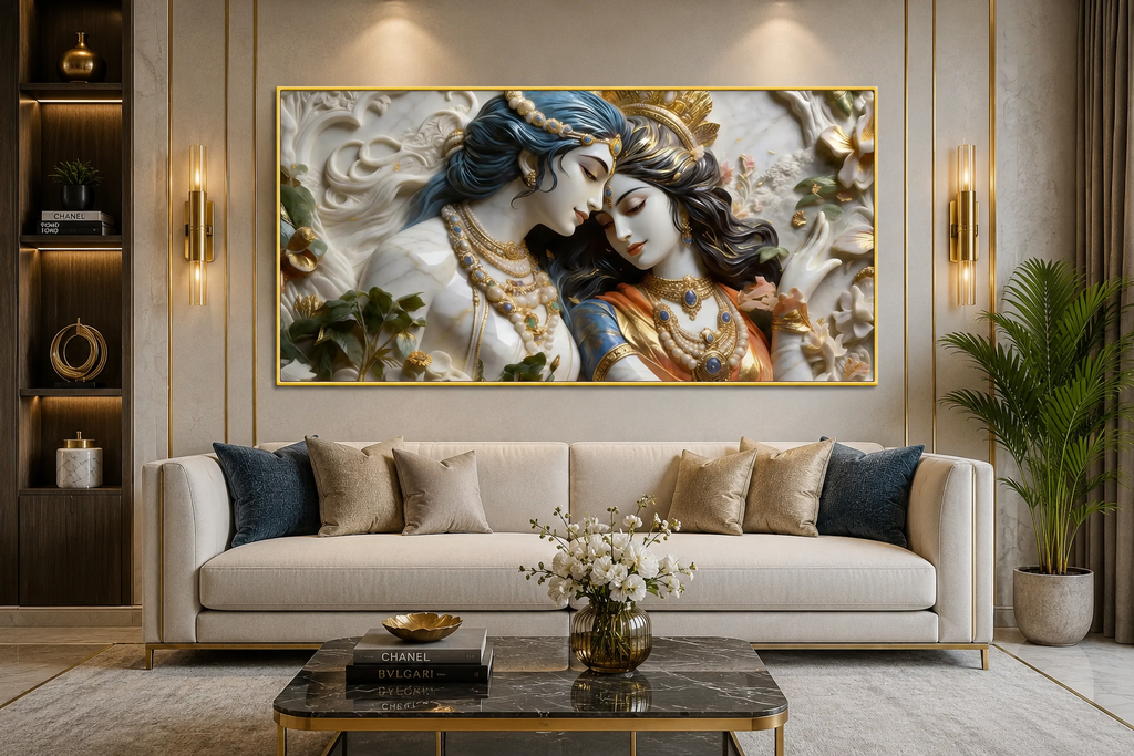 Textured 3D Divine Radha Krishna Artwork - Elegant Cultural Relief Canvas for Living Room