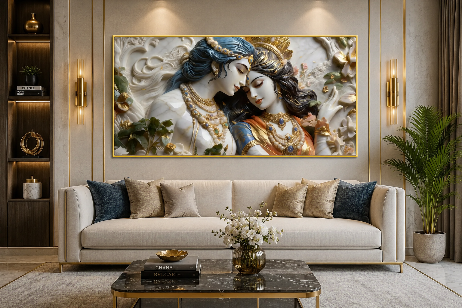 Textured 3D Divine Radha Krishna Artwork - Elegant Cultural Relief Canvas for Living Room