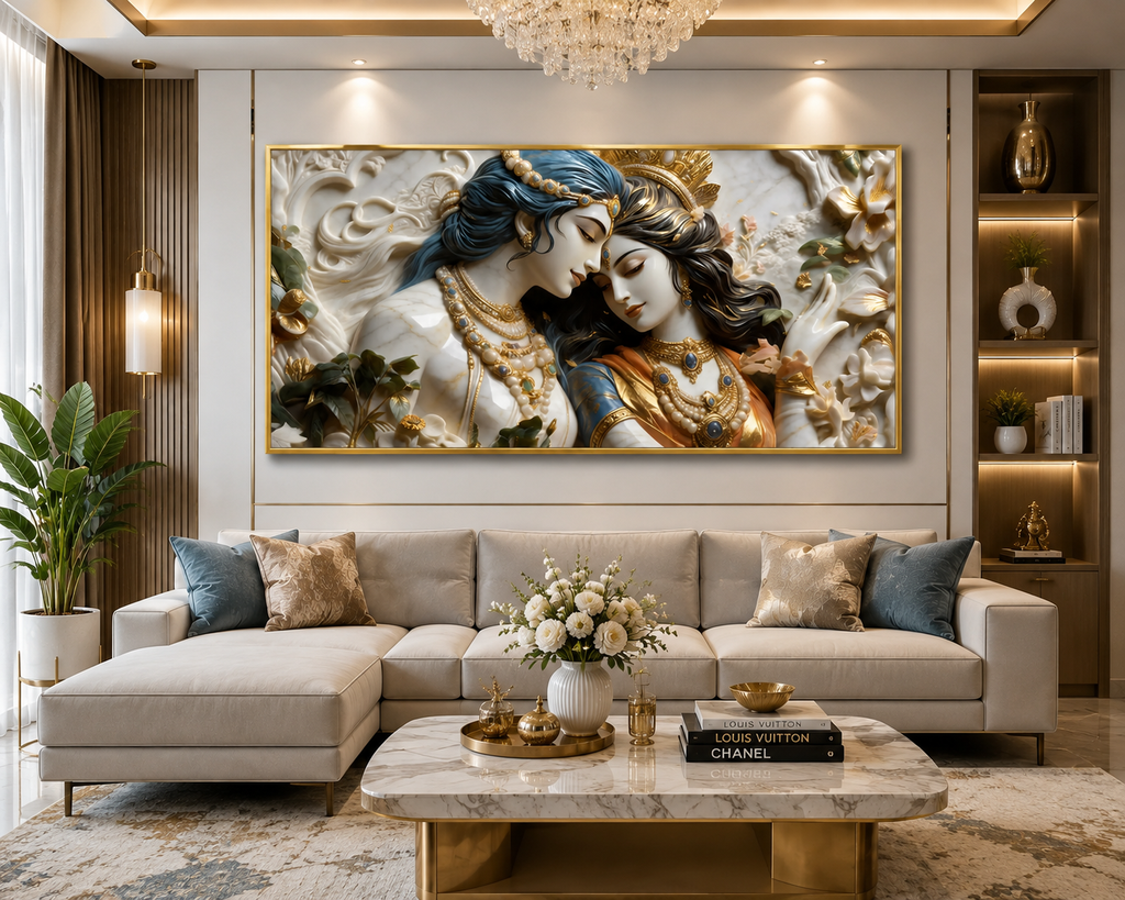 Textured 3D Divine Radha Krishna Artwork - Elegant Cultural Relief Canvas for Living Room