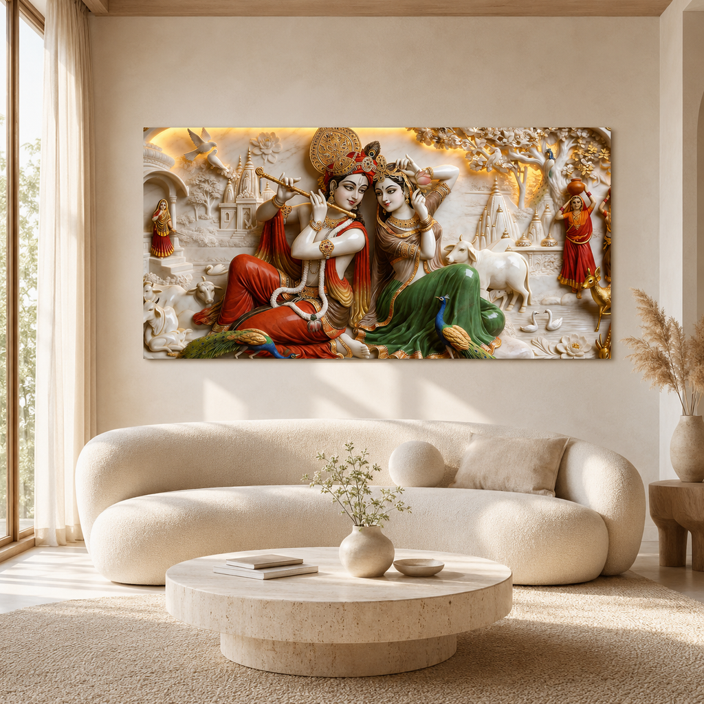Modern 3D Radha Krishna Marble Style Carving Wall Mural Art Canvas Print