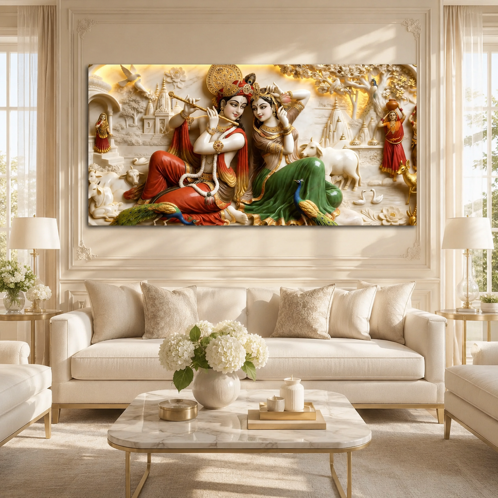 Modern 3D Radha Krishna Marble Style Carving Wall Mural Art Canvas Print