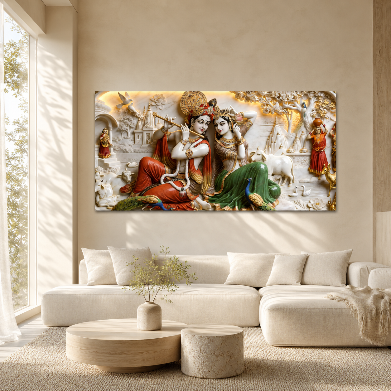 Modern 3D Radha Krishna Marble Style Carving Wall Mural Art Canvas Print