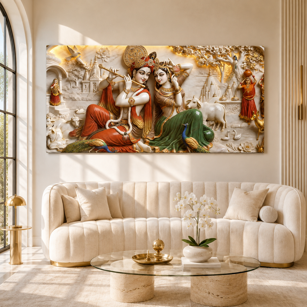 Modern 3D Radha Krishna Marble Style Carving Wall Mural Art Canvas Print