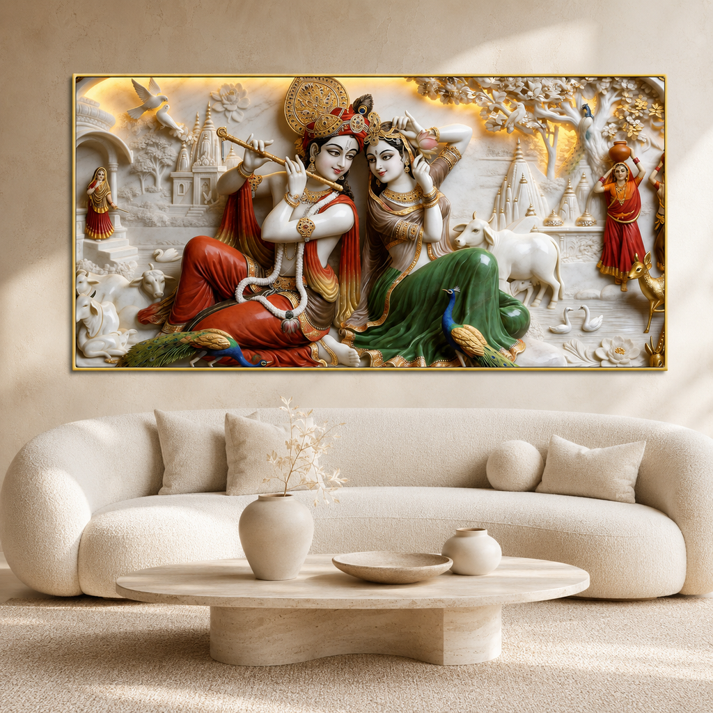 Modern 3D Radha Krishna Marble Style Carving Wall Mural Art Canvas Print