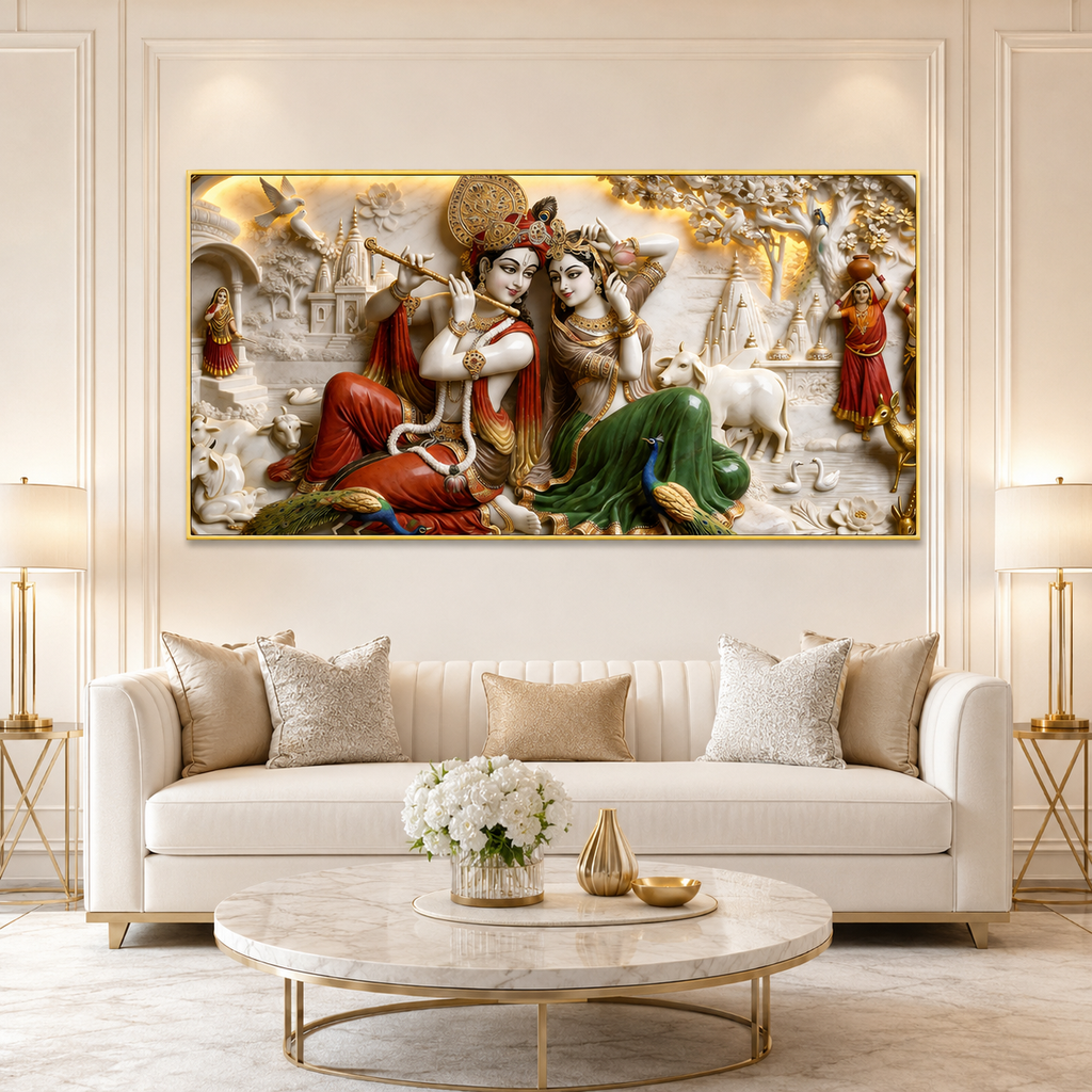 Modern 3D Radha Krishna Marble Style Carving Wall Mural Art Canvas Print