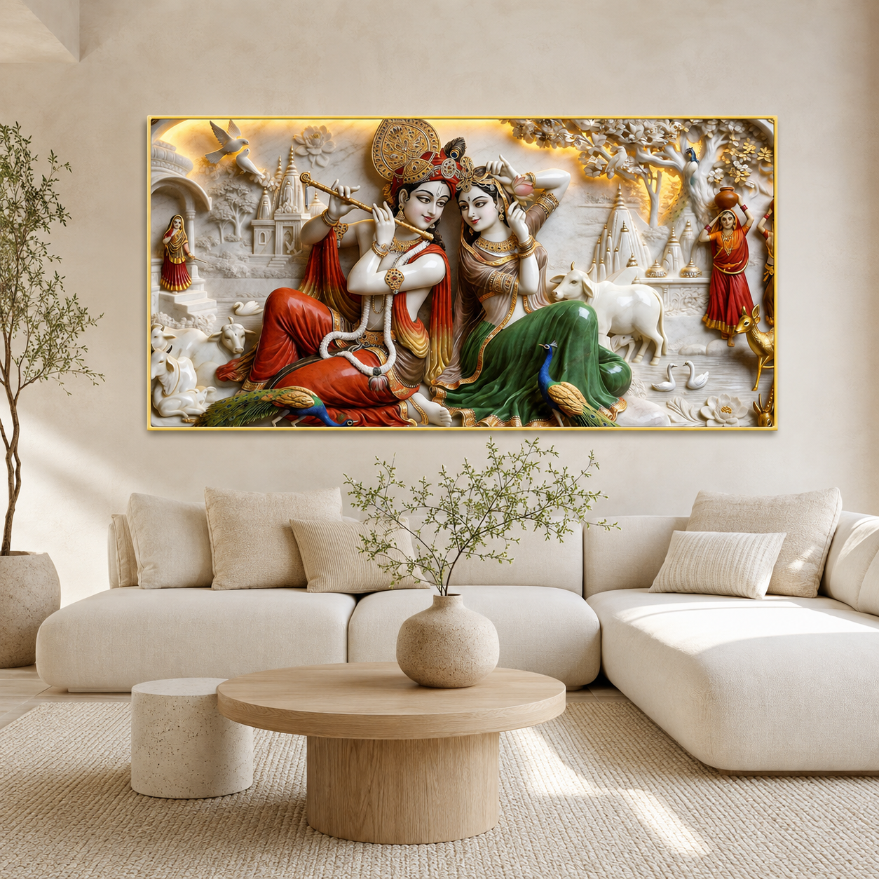Modern 3D Radha Krishna Marble Style Carving Wall Mural Art Canvas Print