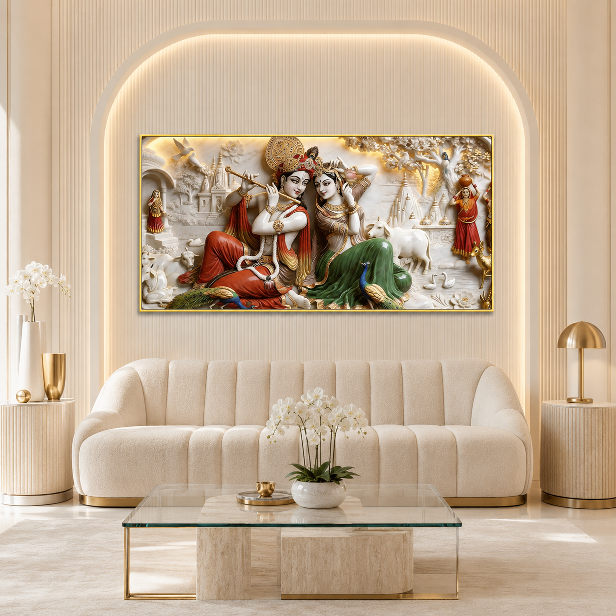 Modern 3D Radha Krishna Marble Style Carving Wall Mural Art Canvas Print