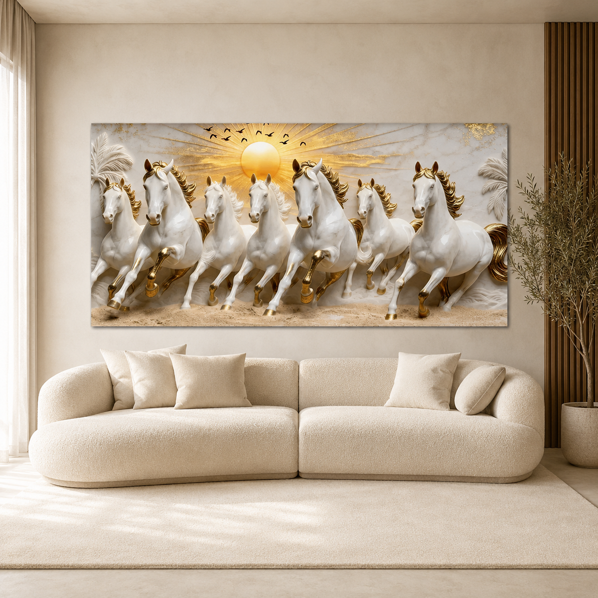 Modern Seven Running Horses 3D Wall Painting with Golden Highlights