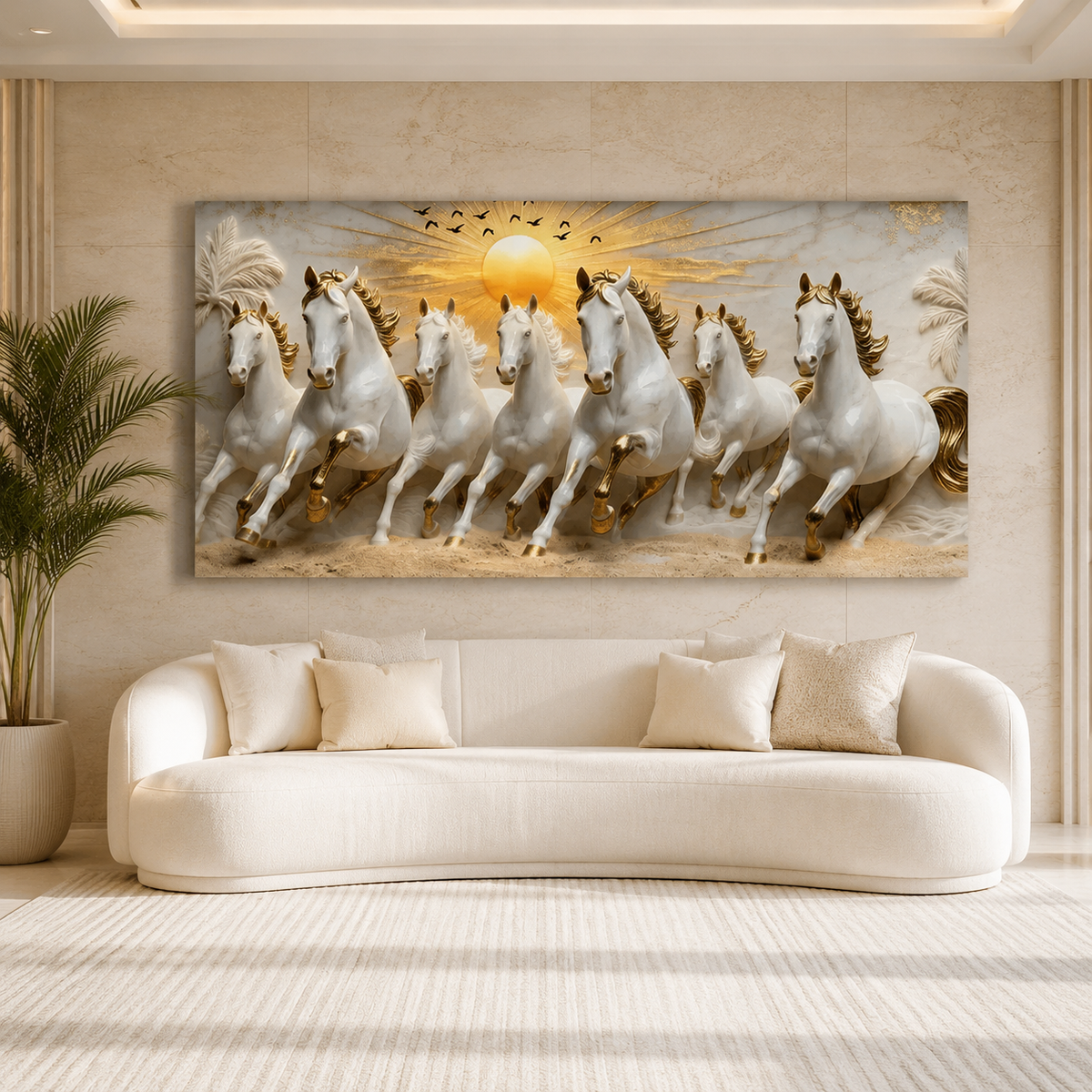 Modern Seven Running Horses 3D Wall Painting with Golden Highlights