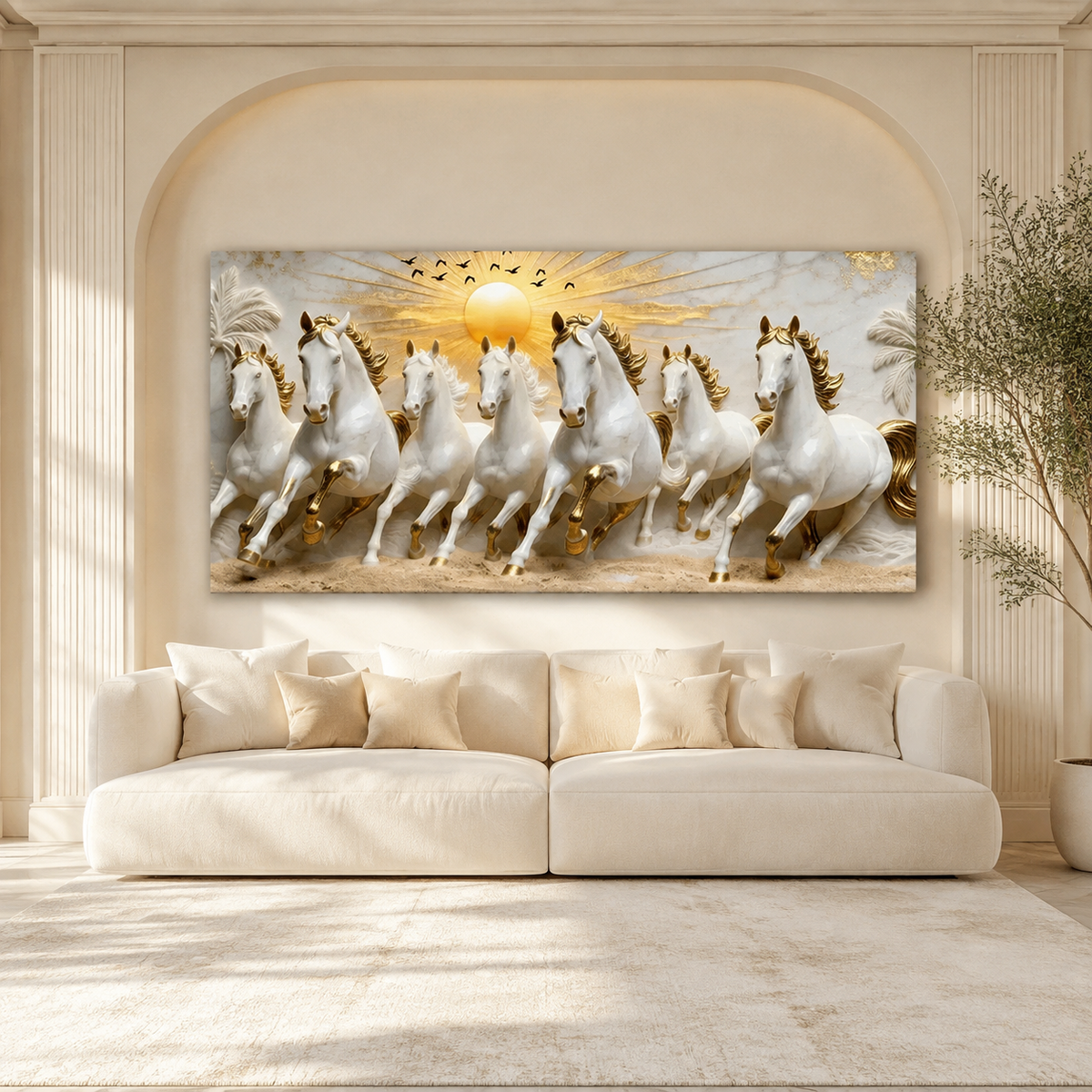 Modern Seven Running Horses 3D Wall Painting with Golden Highlights