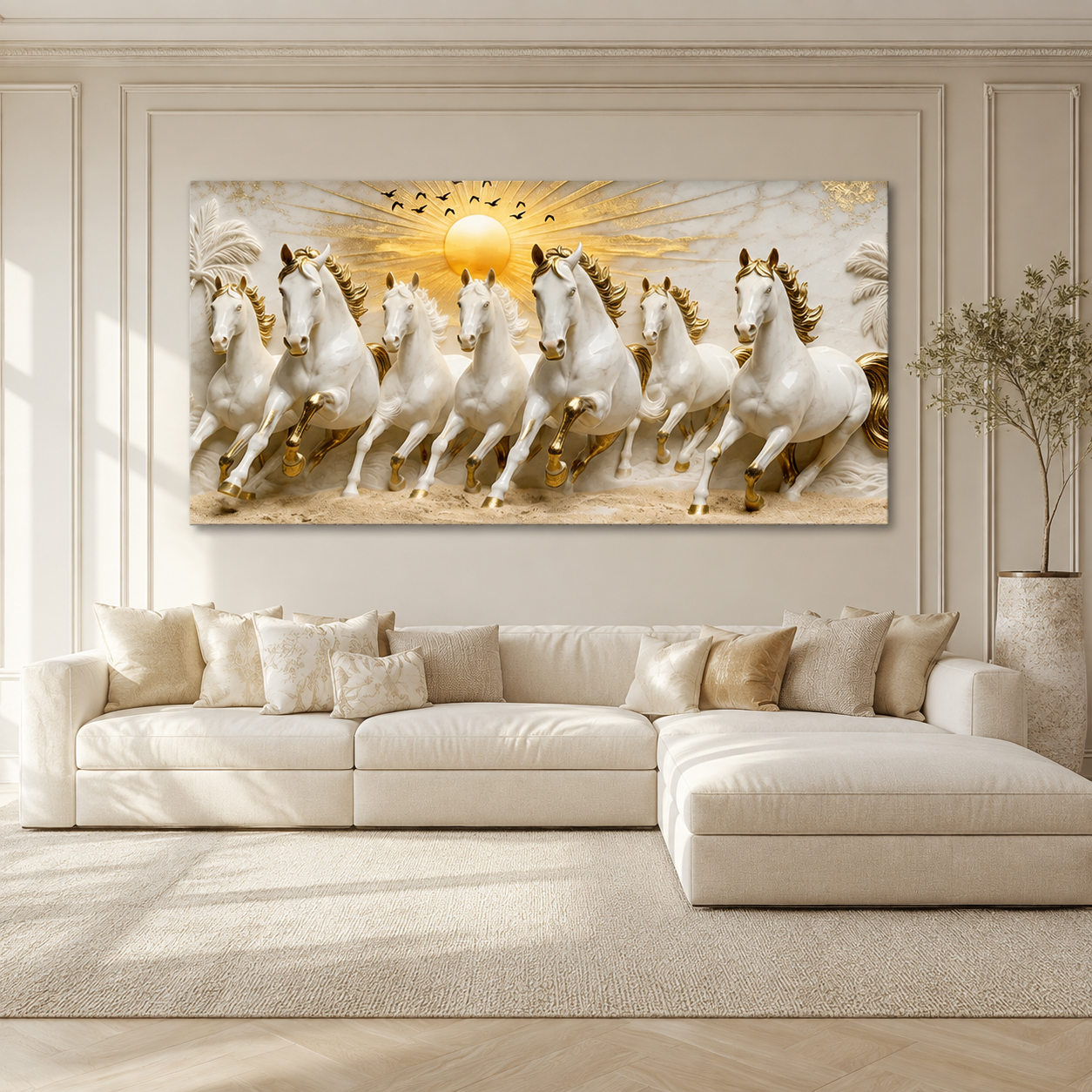 Modern Seven Running Horses 3D Wall Painting with Golden Highlights
