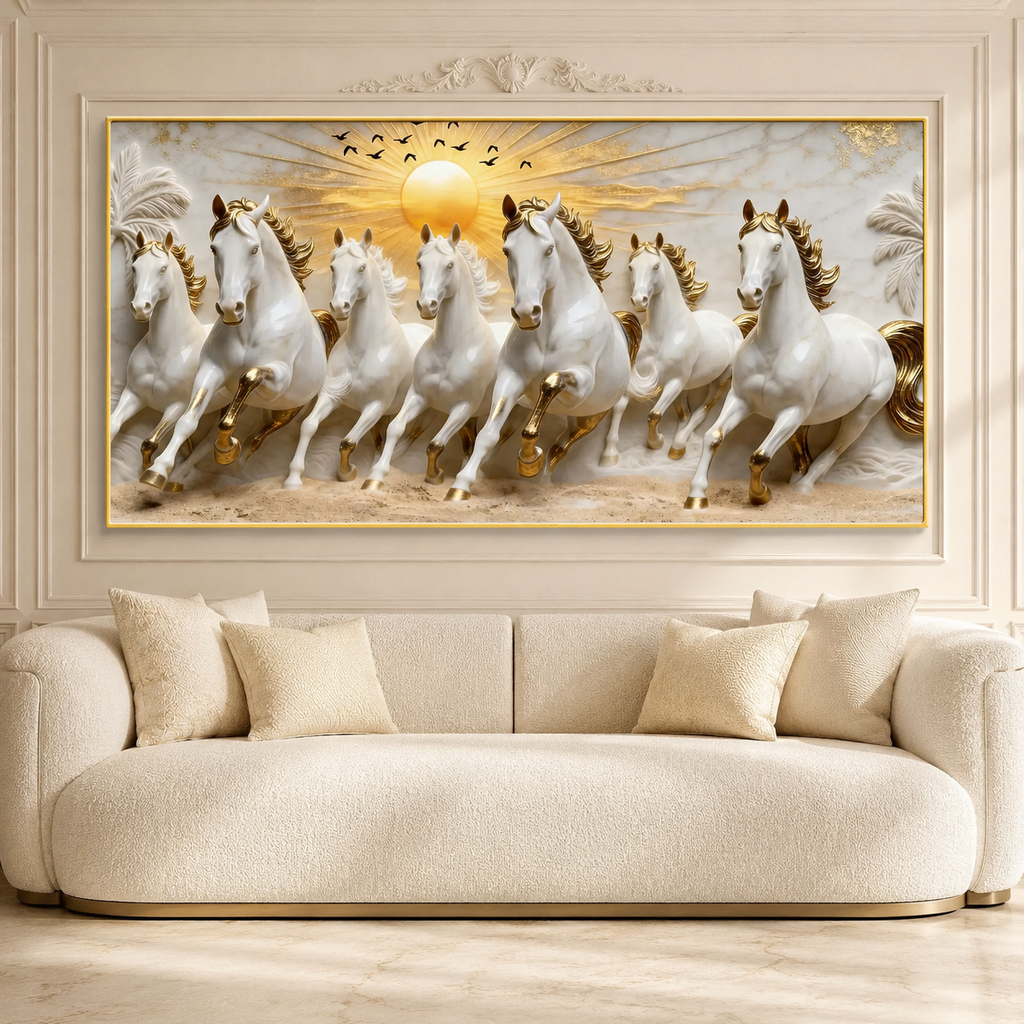Modern Seven Running Horses 3D Wall Painting with Golden Highlights