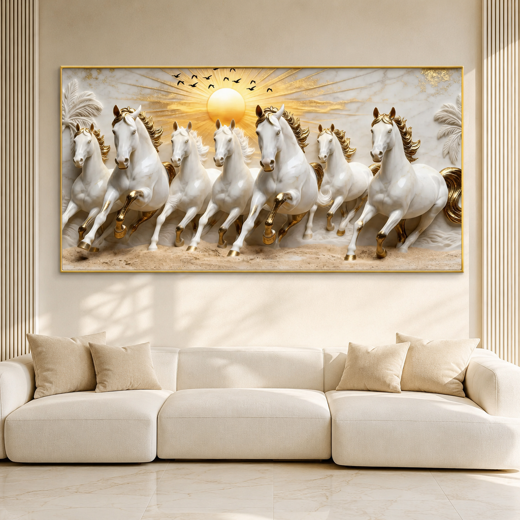 Modern Seven Running Horses 3D Wall Painting with Golden Highlights
