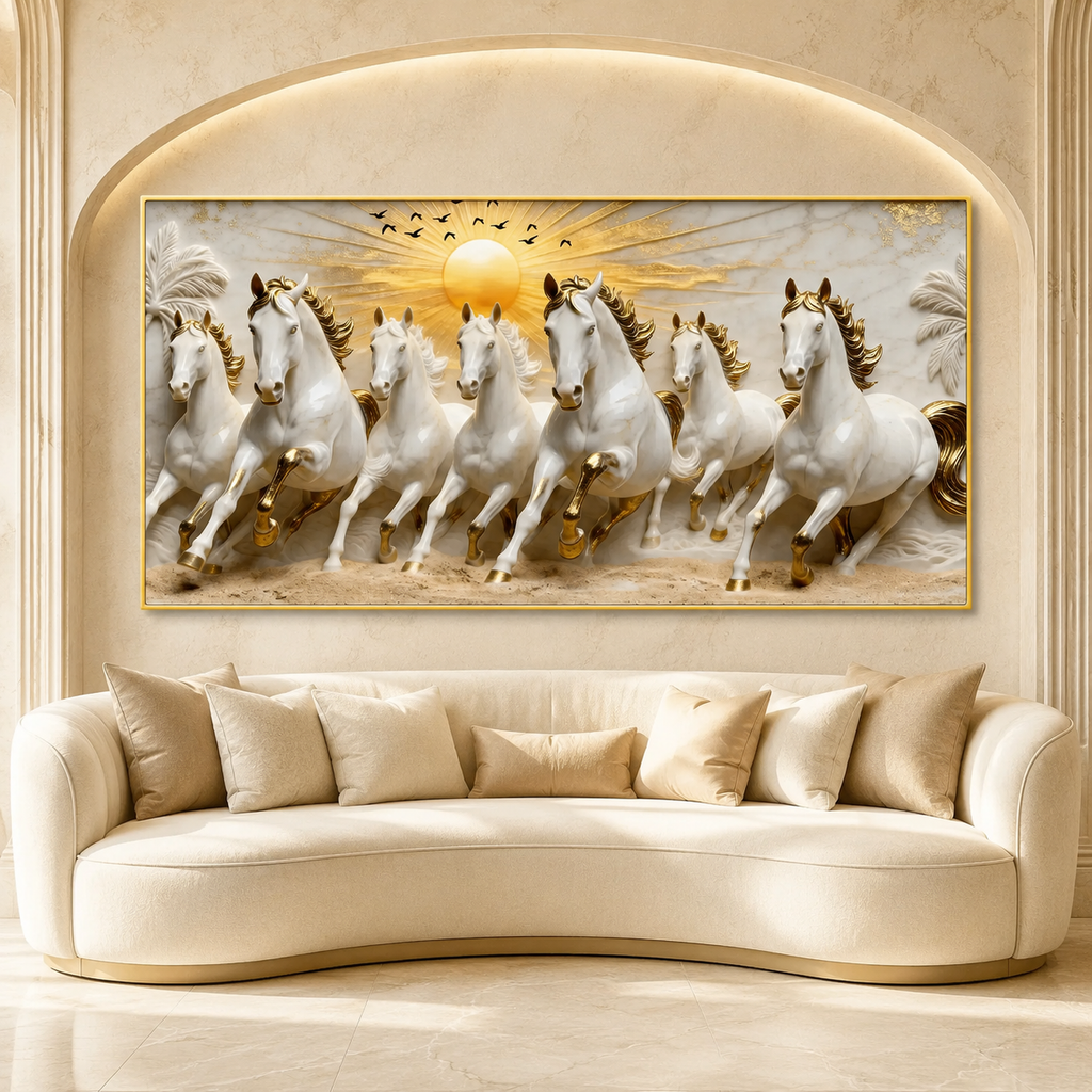Modern Seven Running Horses 3D Wall Painting with Golden Highlights