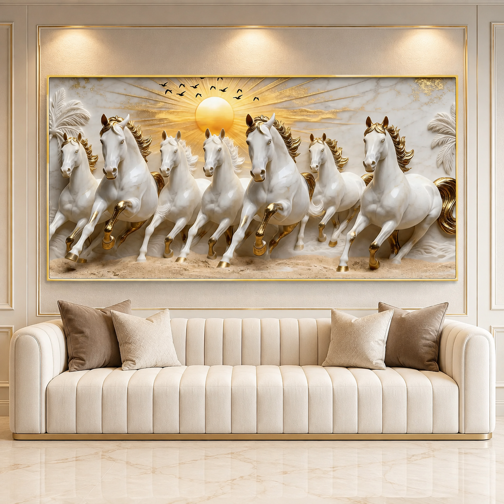 Modern Seven Running Horses 3D Wall Painting with Golden Highlights