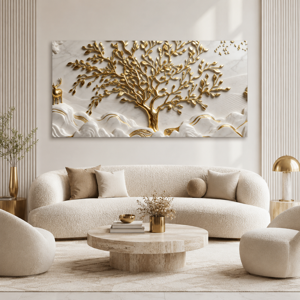 Luxurious 3D Marble Texture Golden Tree Wall Decor Canvas Print Frame