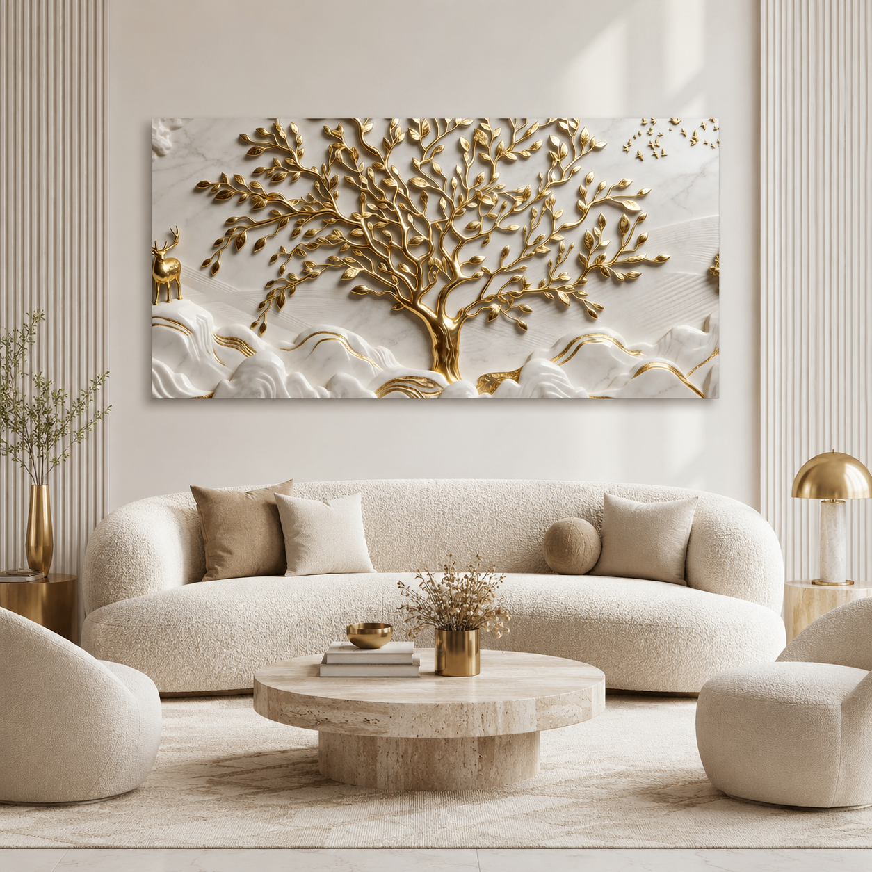 Luxurious 3D Marble Texture Golden Tree Wall Decor Canvas Print Frame