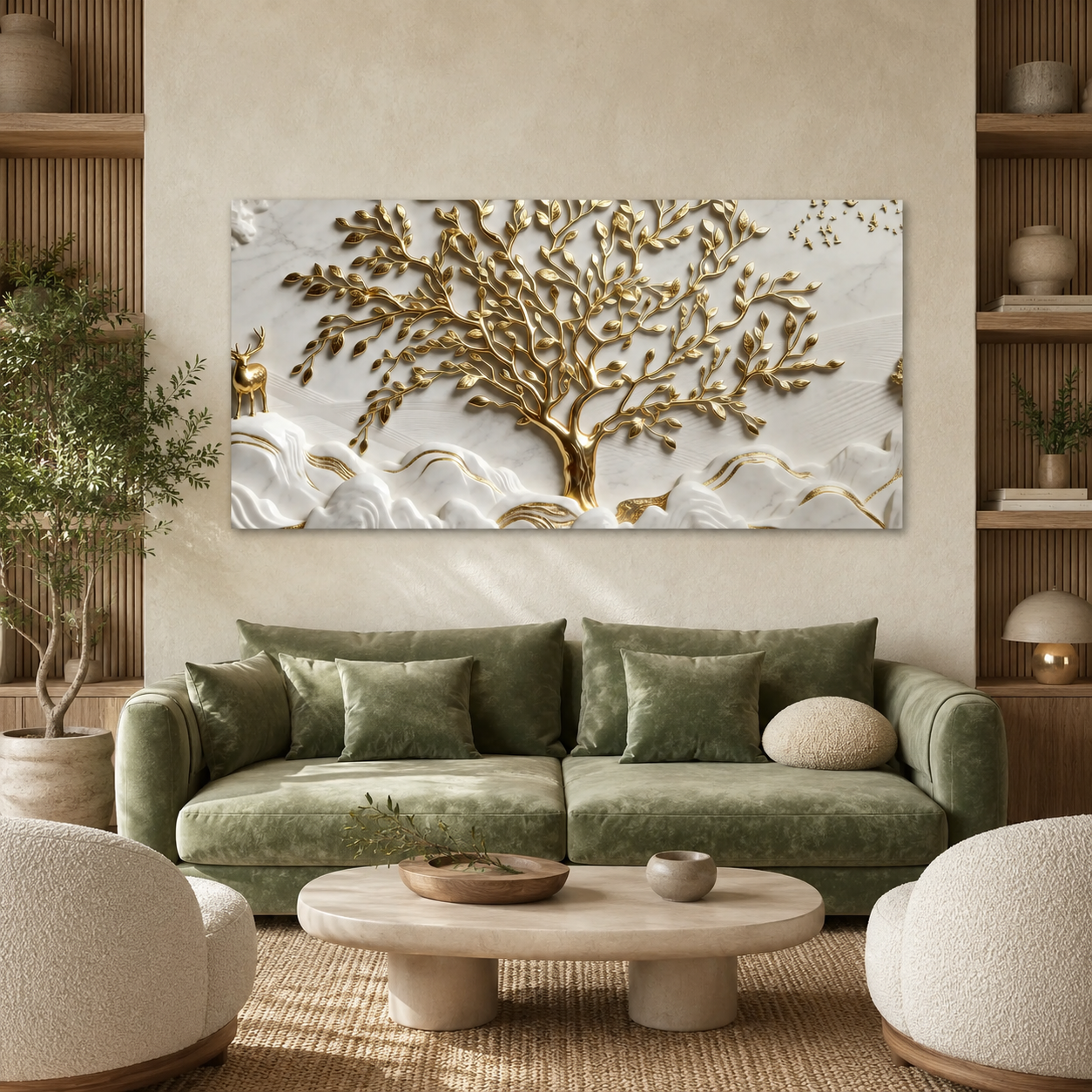 Luxurious 3D Marble Texture Golden Tree Wall Decor Canvas Print Frame