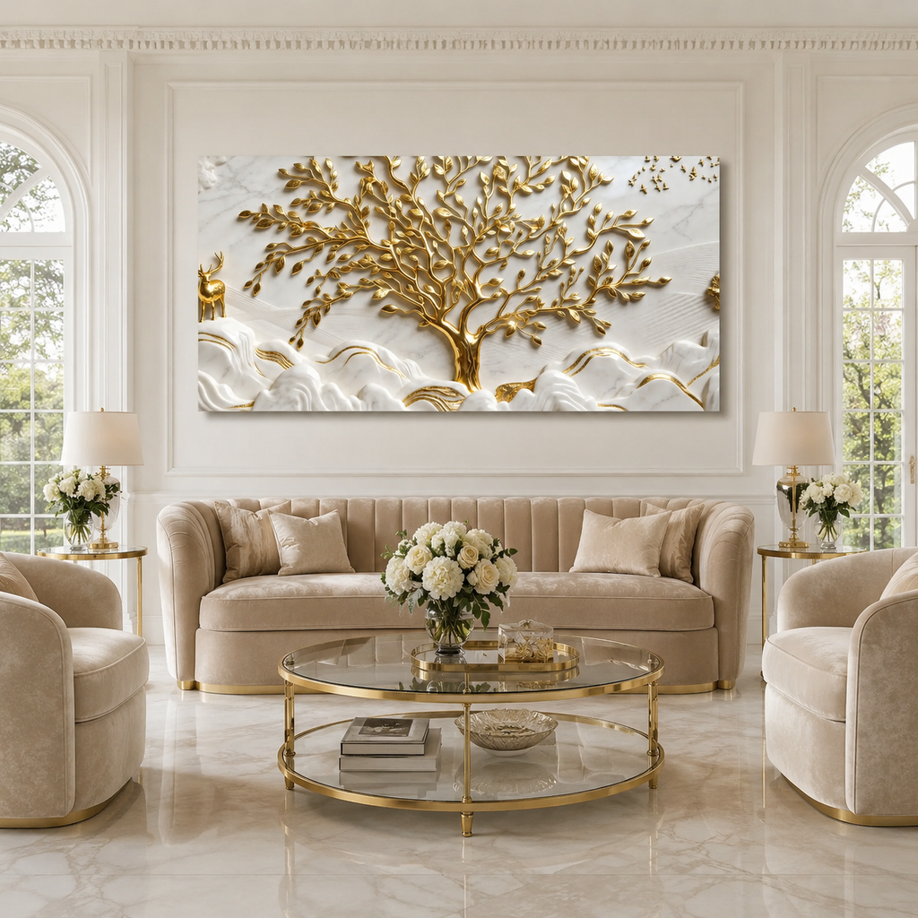 Luxurious 3D Marble Texture Golden Tree Wall Decor Canvas Print Frame