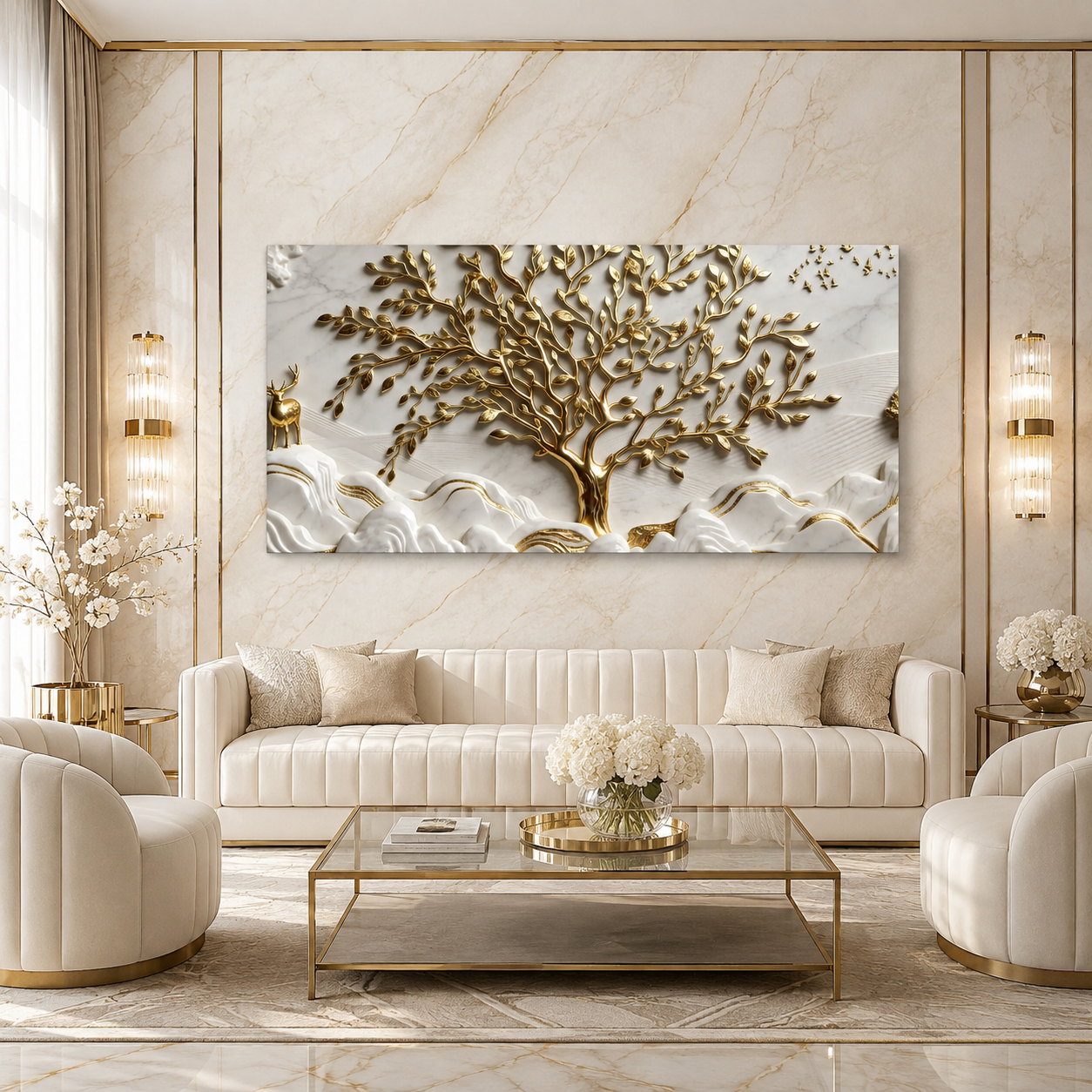 Luxurious 3D Marble Texture Golden Tree Wall Decor Canvas Print Frame